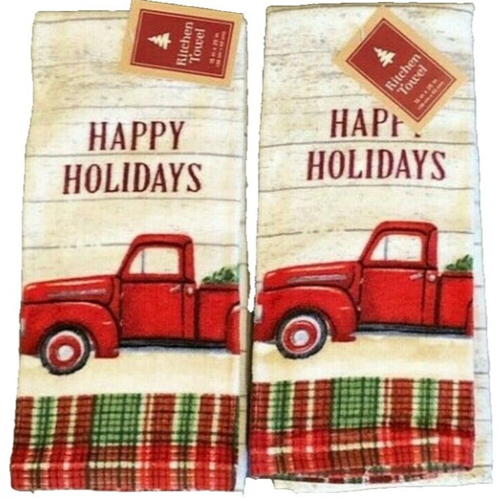 Christmas Red Farm Truck Kitchen Dish Towels Happy Holidays 100% Cotton Set Of 2